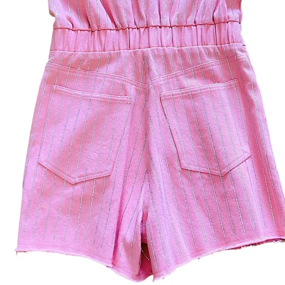 NEW blue b Light Pink Allover Rhinestone Pinstripe Raw Edge Denim Jean Romper S - Picture 6 of 6